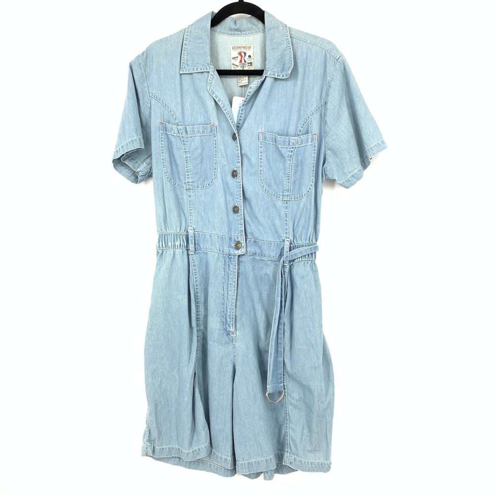 Vintage 90s Studio Wear Chambray Denim Romper Womens Size Large Belted